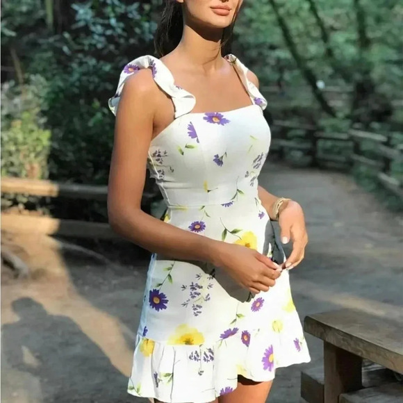 Off White FLORAL FLOWER RUFFLE Hem SUMMER SUN Linen DRESS Medium - Picture 8 of 10